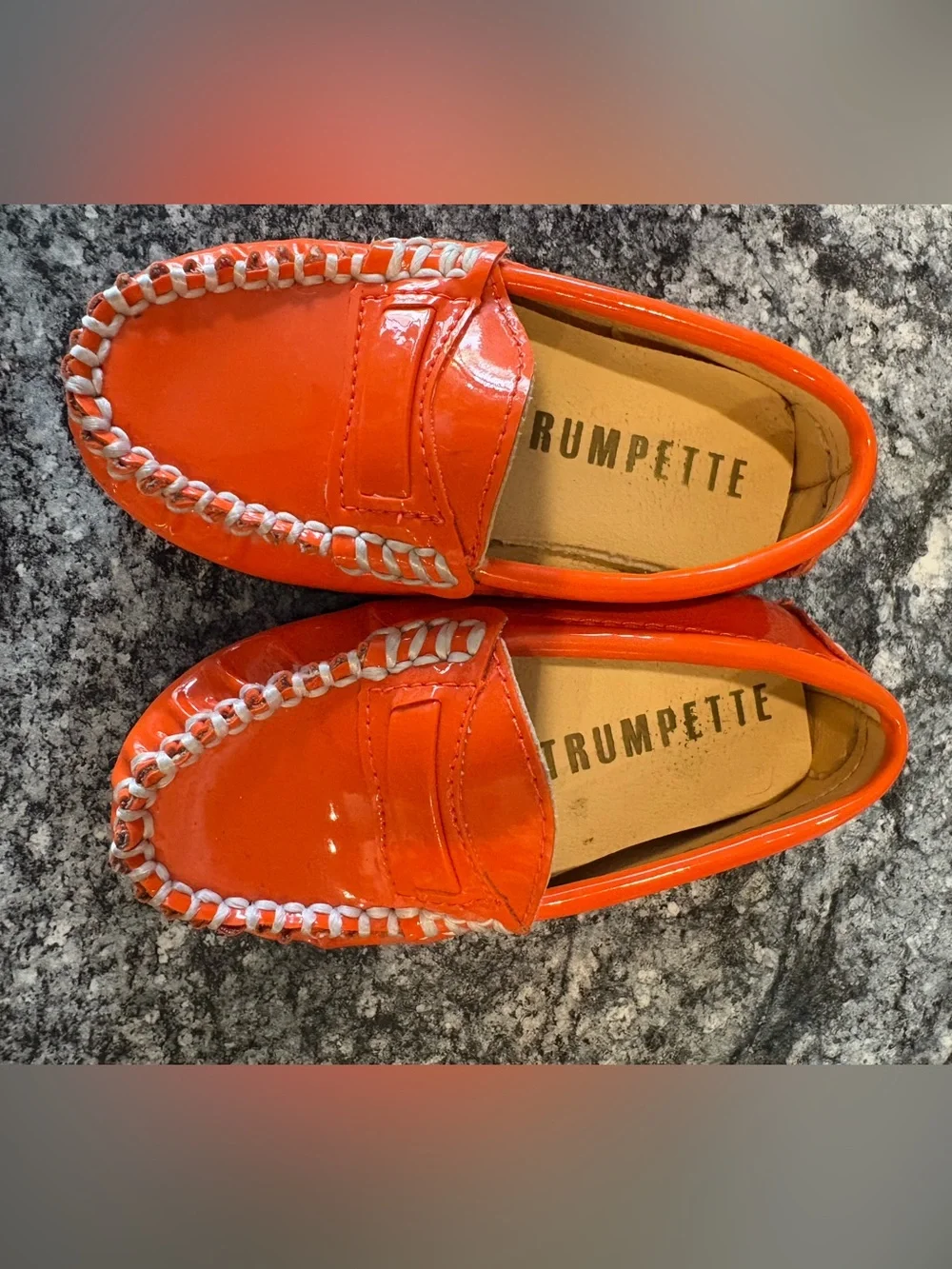 Trumpette Orange Patent Moccasins with White Braid Trim